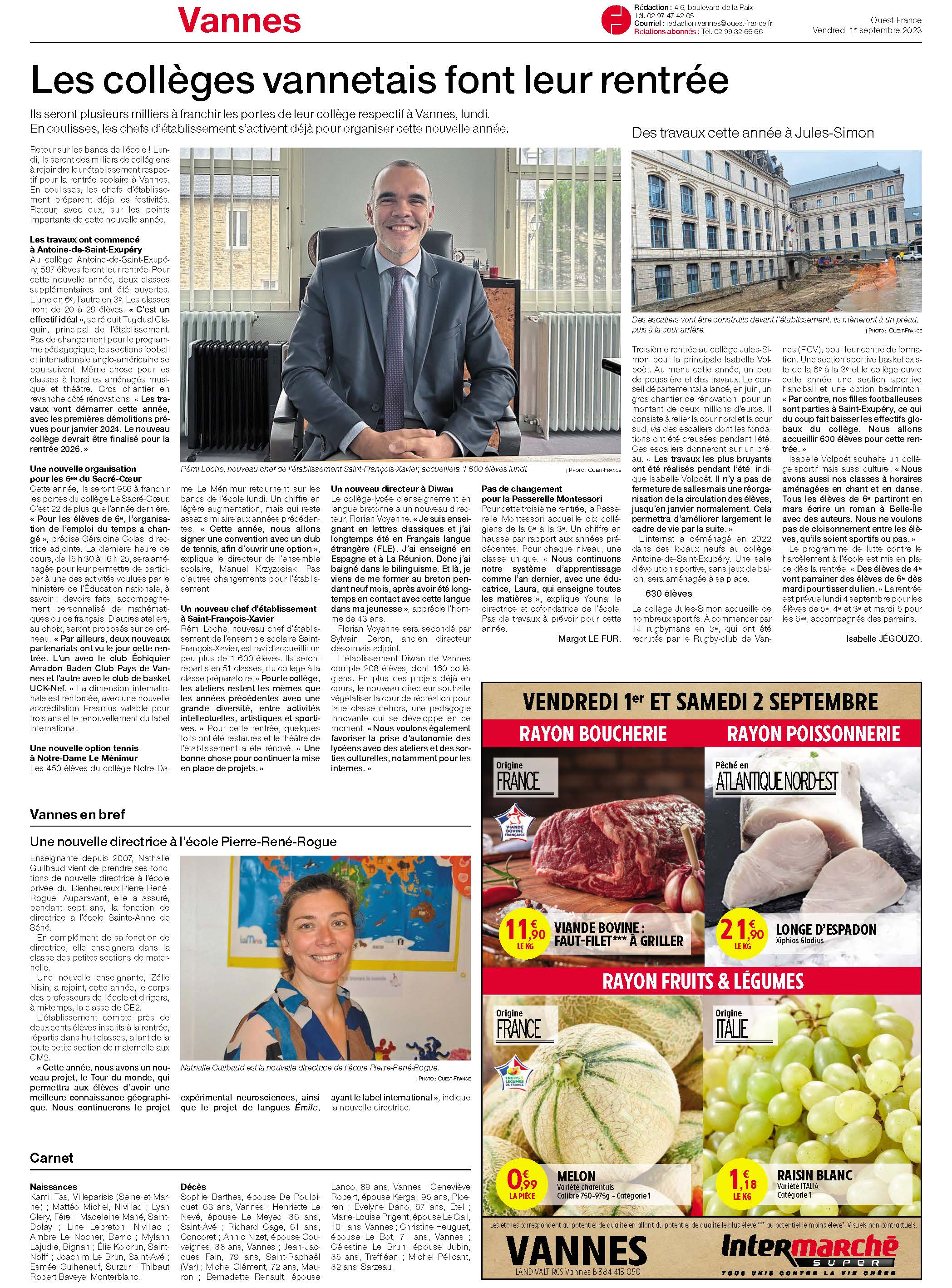 Les collèges Vannetais font leur rentrée - OF du 01/09/2023